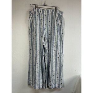 CP Shades Women's XL Linen Blue White Greek Key Wide-Leg Pants Lagenlook New